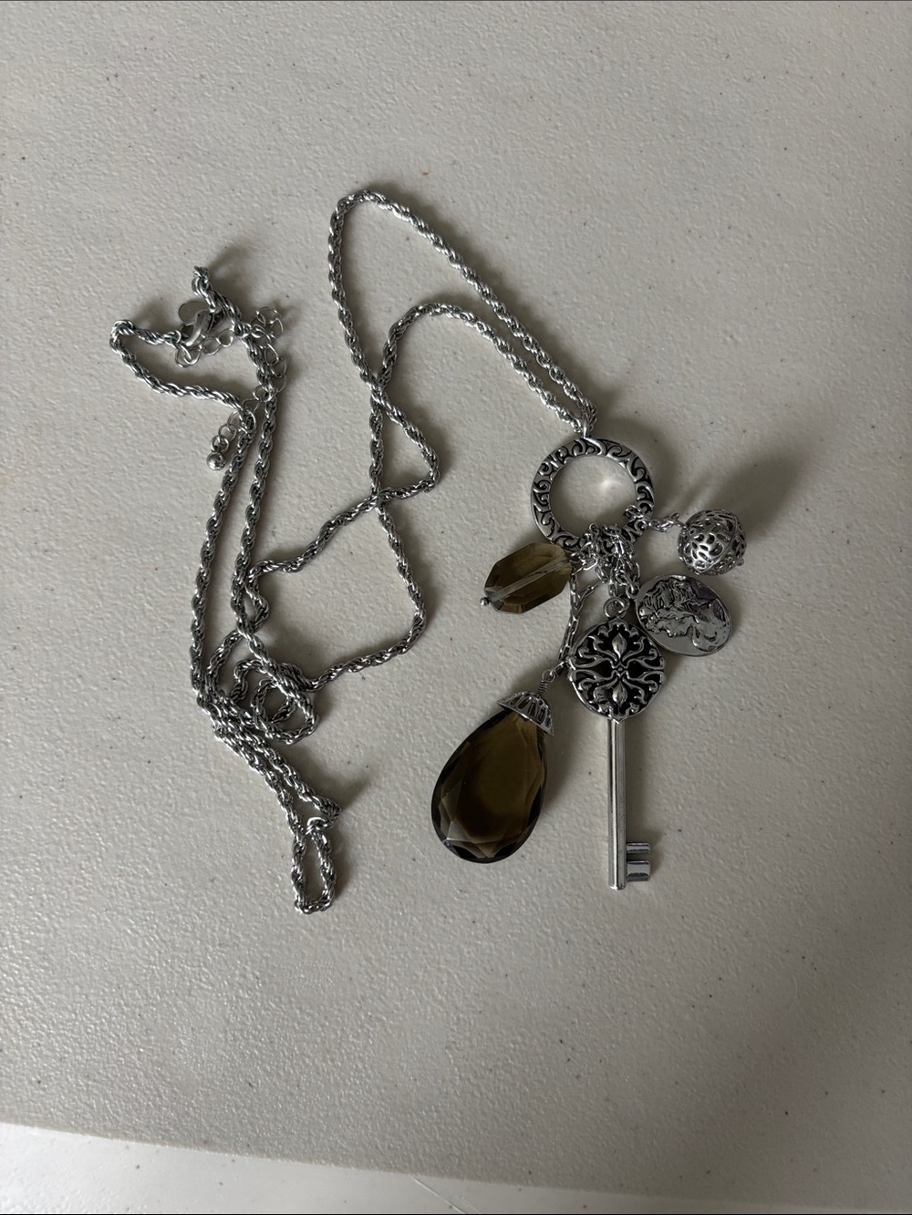 Lia Sophia Silver-Tone Key Necklace with Smoky Brown Teardrop